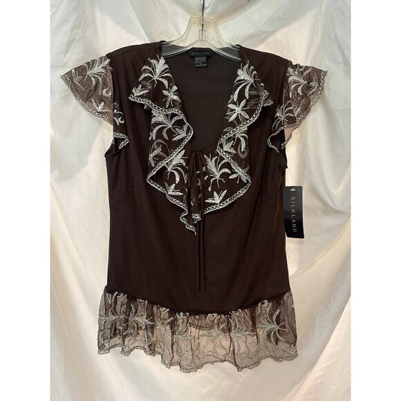 Silkland Blouse Boho Shirt Women’s Small Brown Embroidered Work Casual Lace NEW - Picture 1 of 9